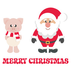 winter cartoon pig with scarf and santa claus and christmas text