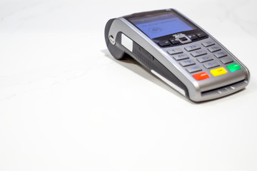 Credit card reader on white background with space for copy