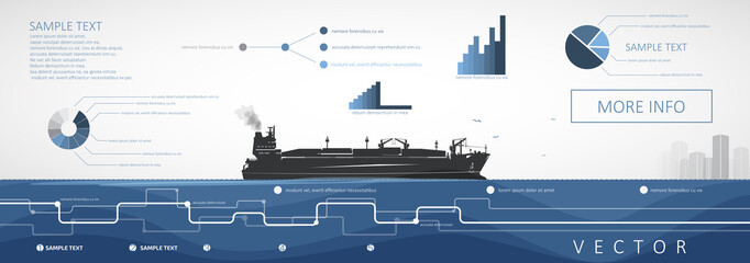 LNG carrier sailing on the sea or ocean, vector infographics.
