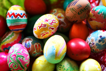 Handmade colored vibrant easter eggs.