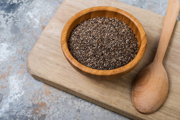 chia seeds on grey  background, sellective focus. Superfood