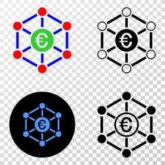 Euro network EPS vector icon with contour, black and colored versions. Illustration style is flat iconic symbol on chess transparent background.