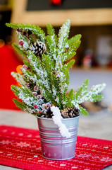 A pot with a Christmas tree stands on the table