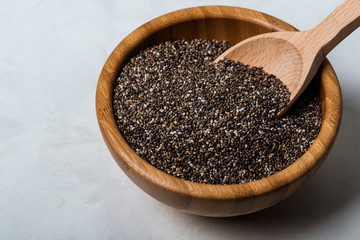 chia seeds on grey  background, sellective focus. Superfood