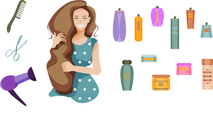 Smiling girl with long hair and hair products: hair dryer, comb, scissors, shampoo, hair balm, spray, etc. All elements in groups, easy to change and move. Seamless pattern.