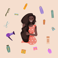 Smiling girl with long hair and hair products: hair dryer, comb, scissors, shampoo, hair balm, spray, etc. All elements in groups, easy to change and move. Seamless pattern.