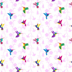 Fototapeta premium Seamless pattern with hummingbirds and flowers. Separated white background. Swatch is included in EPS file.