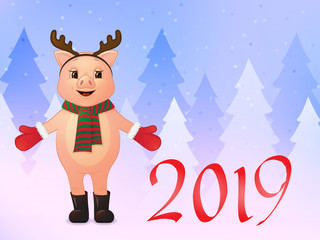 happy new year 2019 greeting card. cute smiling pig in deer horns on the background of forest winter landscape. Cartoon character. Vector illustration.