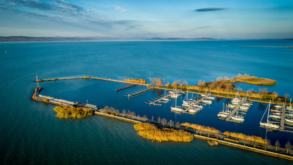 Balaton clear aerial view of port with blue sky