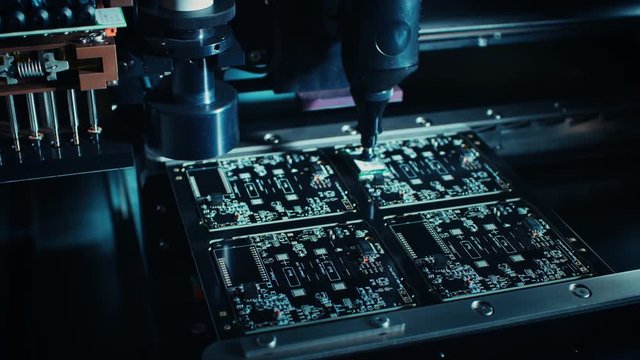 Factory Machine at Work: Printed Circuit Board Being Assembled with Automated Robotic Arm, Surface Mounted Technology Connecting Microchips to the Motherboard