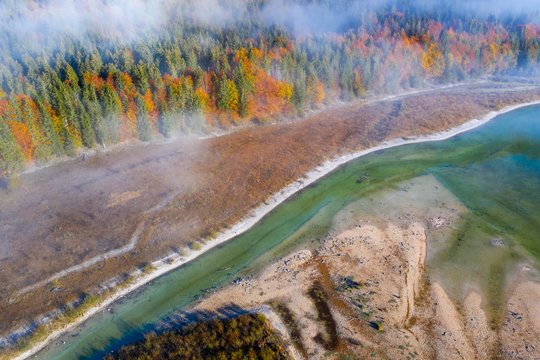 Isar, at the inflow into the Sylvenstein lake, Sylvenstein reservoir, drone image, Lenggries, Isarwinkel, Upper Bavaria, Bavaria, Germany, Europe