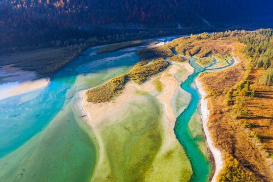 Isar, at the inflow into the Sylvenstein lake, Sylvenstein reservoir, drone image, Lenggries, Isarwinkel, Upper Bavaria, Bavaria, Germany, Europe