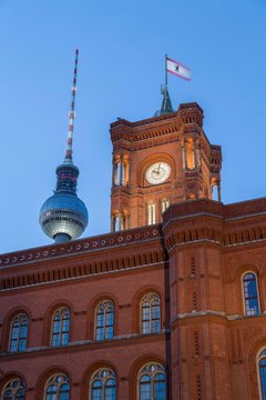 Rotes Rathaus and Television Tower Alexanderplatz, Berlin-Mitte, Berlin, Germany, Europe