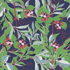 Pink, red flowers with green veins on yellow leaves on a dark blue background. Seamless vector pattern.