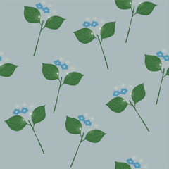 Delicate blue and white flowers with green leaves on a light gray background. Tender gray-blue pattern. Seamless vector pattern.