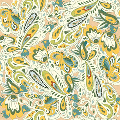 Seamless pattern with oriental ornament. Yellow, gold, beige, bl
