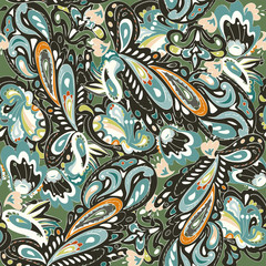 Seamless pattern with oriental ornament. Black, orange, blue, gr