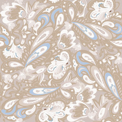 Seamless pattern with delicate oriental ornament. Beige, blue co