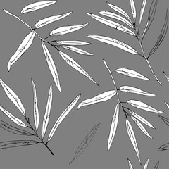 Black and white leaves on a gray background vector illustration. Seamless background.