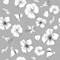 Black and white leaves and red poppy on a gray background vector illustration. Seamless pattern. EPS10.EPS10.