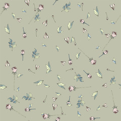 Pink roses, yellow, green leaves on beige background. Delicate floral pattern with pink flowers. Seamless vector pattern.