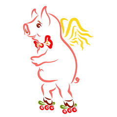 Cute winged pig rollerblading, game and sport