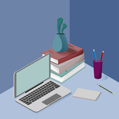 Three-dimensional isometric picture in colors, on the subject of school, business, science, training. Depicts a laptop, pencils, a flower in a pot, books.