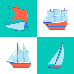 Marine collection of sailing ship icons in flat style