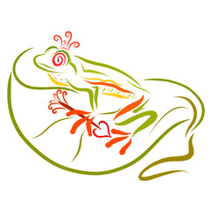 A funny fairy-tale princess, a colorful frog with an arrow in her paw, sits on a leaf