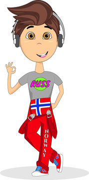 Boy graduating high school in Norway in red overalls with Norwegian flag image."Russ" is a traditional celebration for Norwegian upper secondary school pupils in their final spring semester.