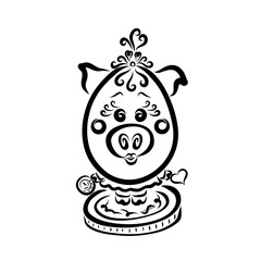 Cute little girl pig standing on a big coin with money and a heart in her hands