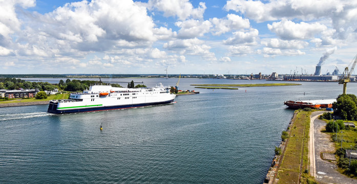 The modern ferry enters the port of Rostock. The ferry line connects the German port of Rostock with Gedser in Denmark.