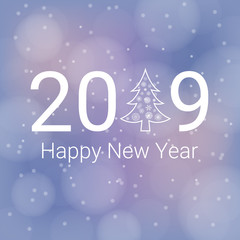 2019 Happy New Year background with Christmas tree and snowflakes on blue abstract background. Vector greeting illustration.
