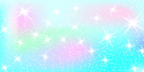 Unicorn rainbow background. Holographic sky in pastel color. Bright mermaid pattern in princess colors. Vector illustration. Fantasy gradient colorful backdrop with rainbow mesh. © KrikHill