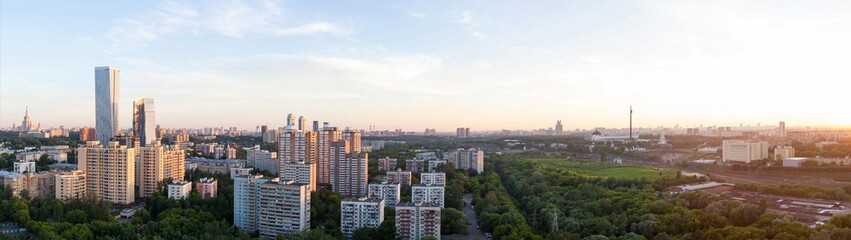 Fototapeta premium panorama (aerial view) of the city Moscow at the summer on a during sunset with clouds