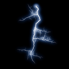 Isolated realistic electrical lightning strike visual effect on black night background. Energy change. 