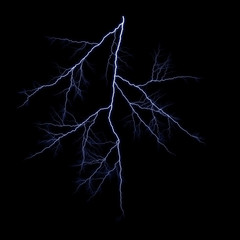 Isolated realistic electrical lightning strike visual effect on black night background. Energy change. 