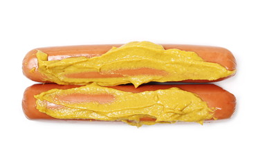 Hot dog with mustard isolated on white, top view