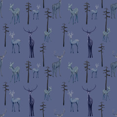 Winter seamless pattern with deer in forest