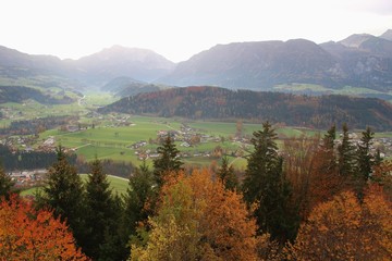 Panoramic view of autumn trees and the alps in Upper Austria, seen from the viewing tower Wurbauerkogel. From here, one has a fascinating view of the surrounding mountains. Europe.