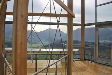 On the viewing tower Wurbauerkogel in Upper Austria. From here, one has a fascinating view of the surrounding mountains. Europe.