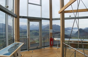 On the viewing tower Wurbauerkogel in Upper Austria. From here, one has a fascinating view of the surrounding mountains. Europe.