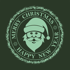 Christmas green round sign, stamp with silhouette of Santa Claus face.