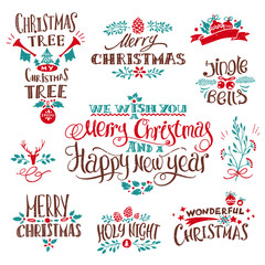 Fototapeta na wymiar Christmas Creative Decoration Set with Hand-drawn Signs and Design Elements