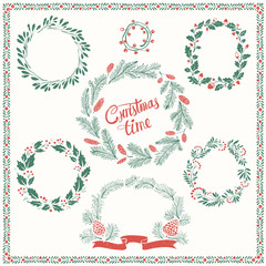 Vintage Christmas Set of Floral Hand-dawn Wreath of Mistletoe, Fir, Oak and Leafy Twigs