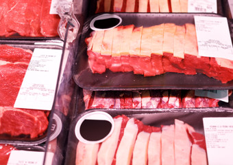 Showcase beef steaks meat products in a supermarket