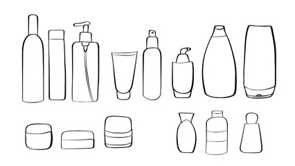 Freehand drawing hygiene and cleaning products. Bath elements. Vector illustration. Set.