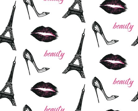 Fashion seamless pattern with imprint of lips, Eiffel tower and high heel shoe .