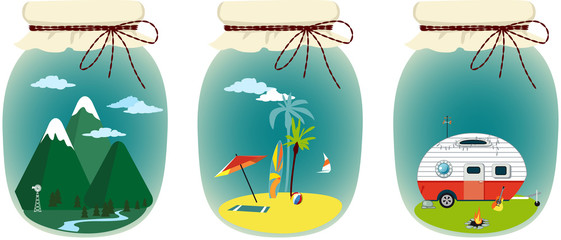 Assorted vacation destinations packages in jars, EPS 8 vector illustration