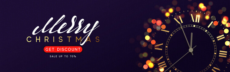 Fototapeta na wymiar Horizontal banner with Merry Christmas and Happy New Years. Background with shining vintage golden clock, bright glowing gold lights bokeh.